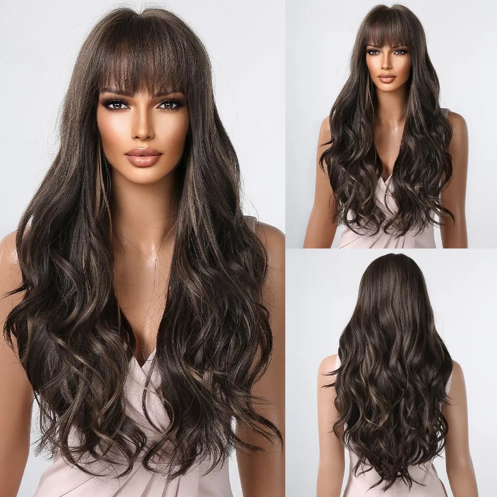 Brown Wavy Wig with Bangs