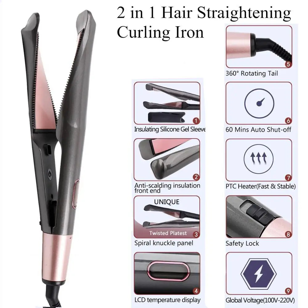 2-in-1 Hair Straightener & Curler – Professional Fast-Heating Styling Tool