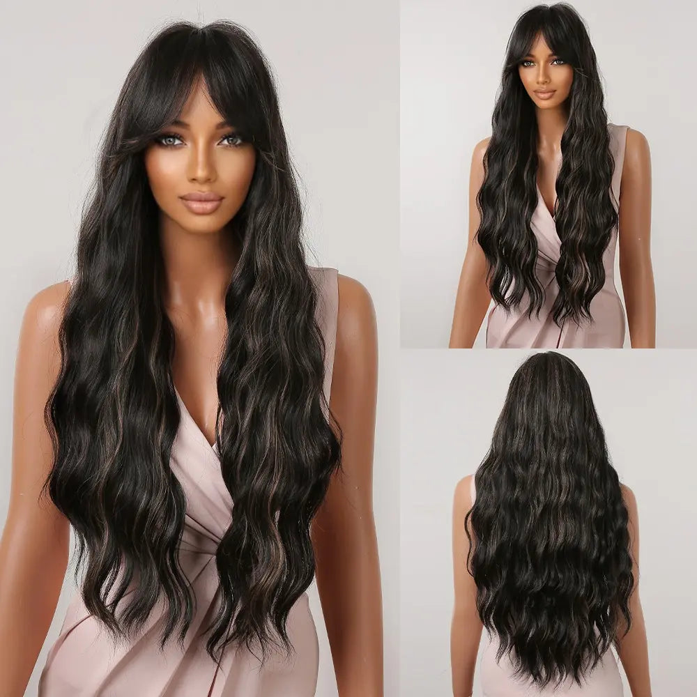 Brown Wavy Wig with Bangs