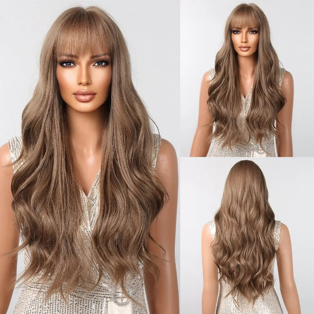 Brown Wavy Wig with Bangs